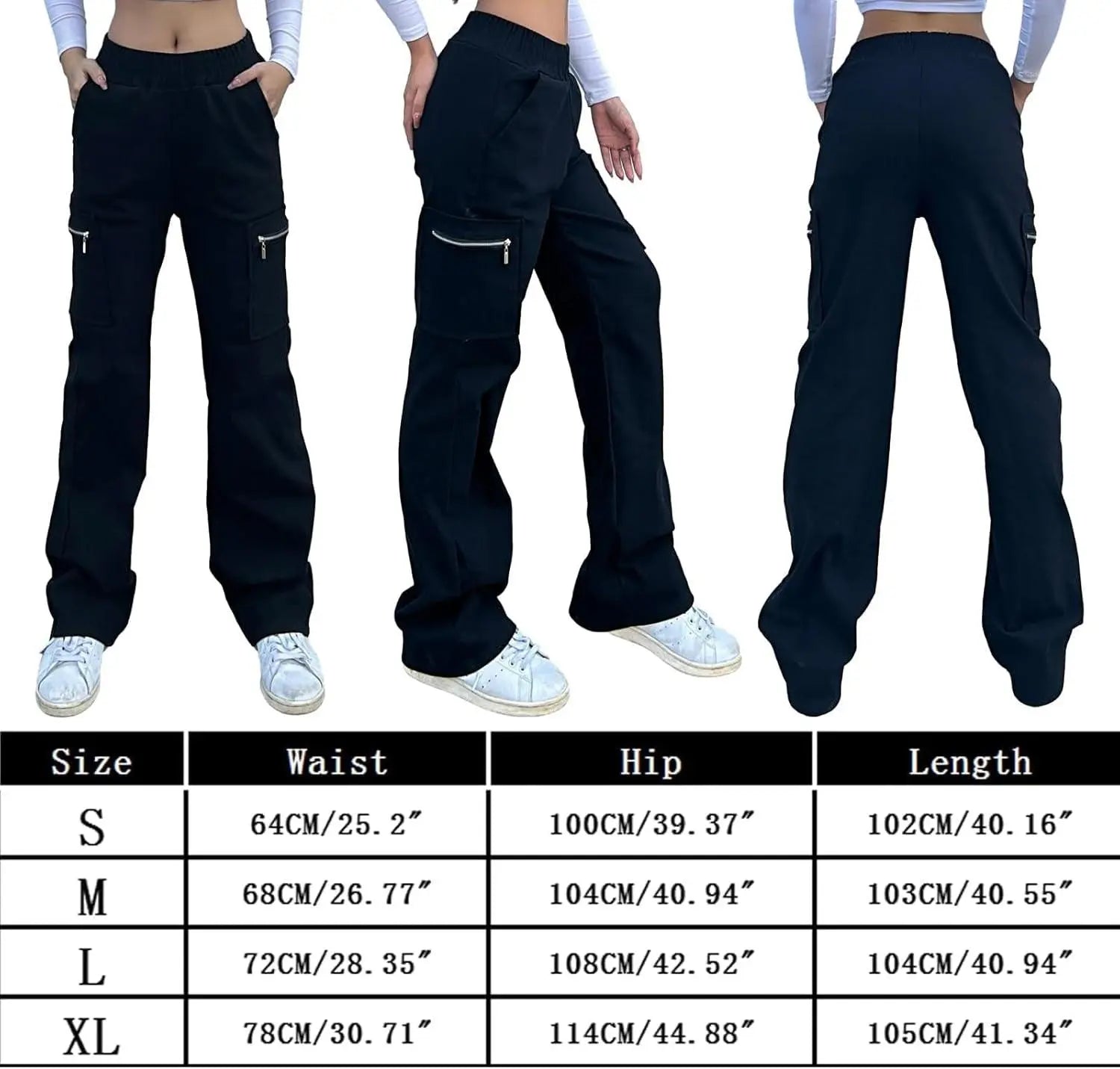 Wide Leg Straight Cargo Pants with Zipper, Stretch Pockets, Long High-Waisted pants - Tophatter Daily Deals