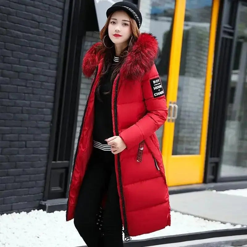 Winter coats women down jackets 2025 long slim solid color coat female Jackets outerwears woman parkas clothes zip fur collar Red - Tophatter Daily Deals