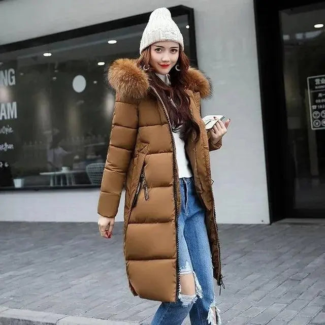 Winter coats women down jackets 2025 long slim solid color coat female Jackets outerwears woman parkas clothes zip fur collar Brown - Tophatter Daily Deals