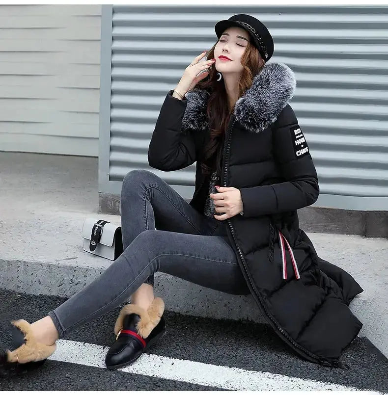 Winter coats women down jackets 2025 long slim solid color coat female Jackets outerwears woman parkas clothes zip fur collar - Tophatter Daily Deals