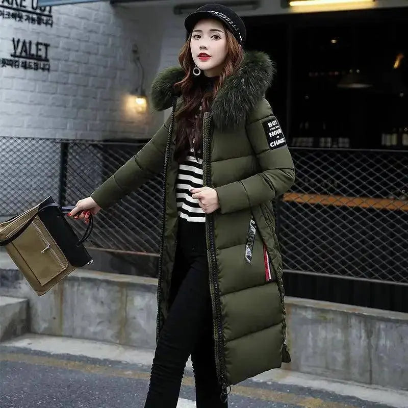 Winter coats women down jackets 2025 long slim solid color coat female Jackets outerwears woman parkas clothes zip fur collar army green - Tophatter Daily Deals