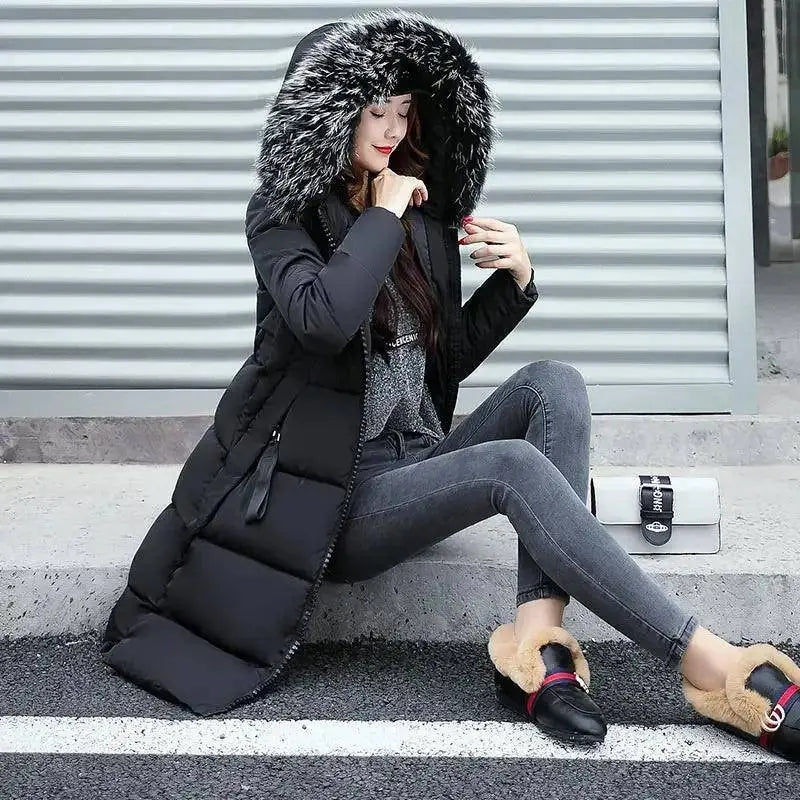 Winter coats women down jackets 2025 long slim solid color coat female Jackets outerwears woman parkas clothes zip fur collar black - Tophatter Daily Deals