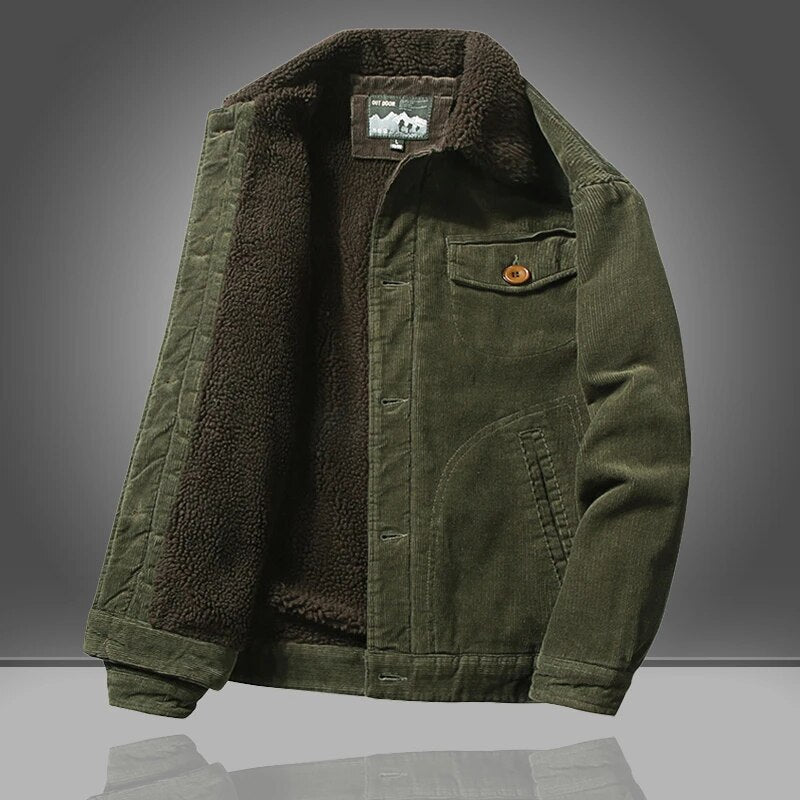 Warm Men's Corduroy Sherpa Jacket - Trucker, Lined, Winter Green - Tophatter Daily Deals