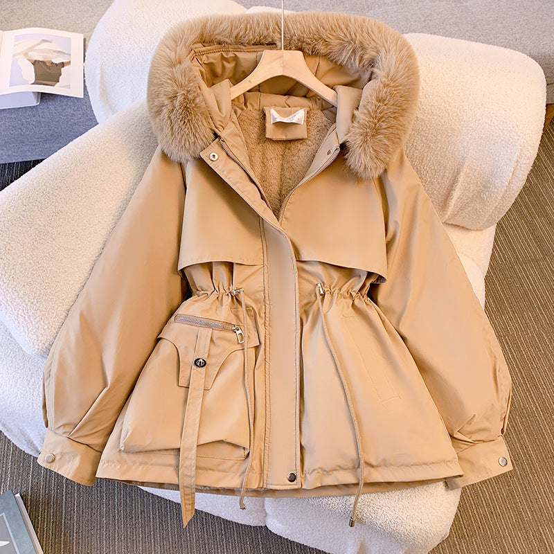 Insulating Women’s Winter Coat - Mid Length, Faux Fur Hood Beige - Tophatter Daily Deals