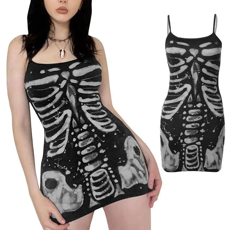Women Bodycon Goth Dresses Summer Clothes 2025 Spaghetti Strap Sleeveless Human Bone Printed Cheap Casual Dress Club Streetwear - Tophatter Daily Deals