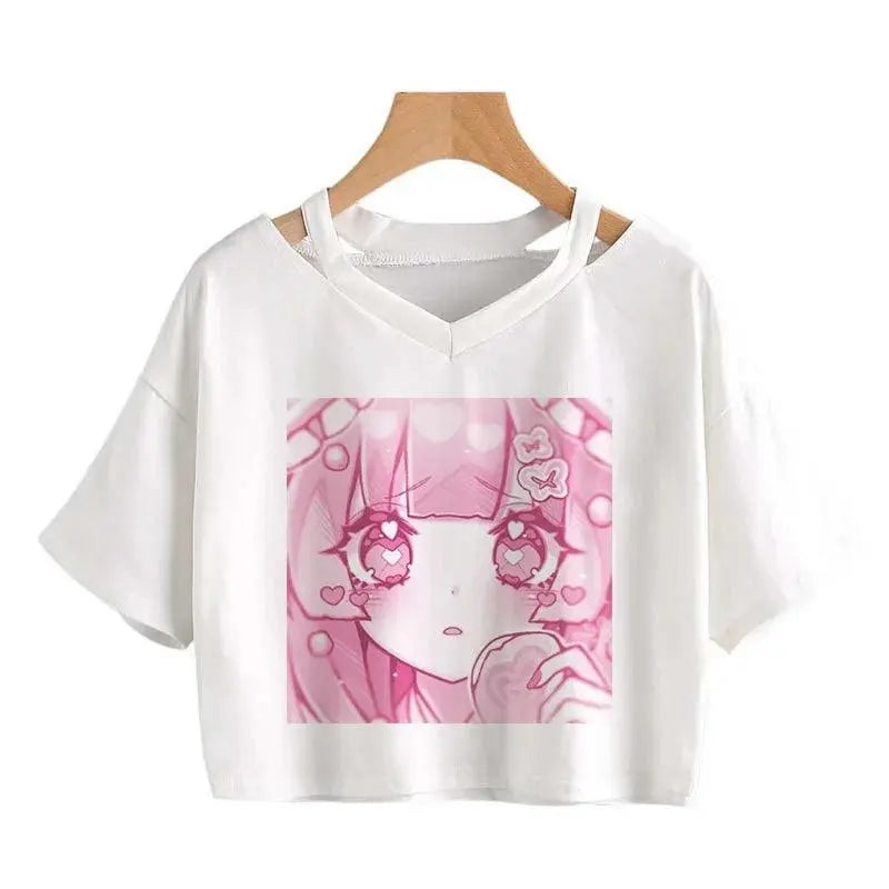 Women Fashion Cute Clothes Kawaii Print Tee Punk Short Sleeve T-Shirt Casual Loose Pink Anime Graphic V-Neck Crop Top Streetwear Bai03 - Tophatter Daily Deals