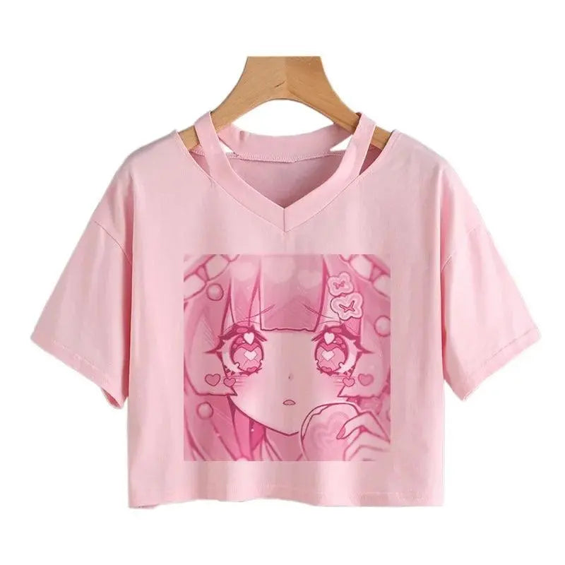 Women Fashion Cute Clothes Kawaii Print Tee Punk Short Sleeve T-Shirt Casual Loose Pink Anime Graphic V-Neck Crop Top Streetwear Fen03 - Tophatter Daily Deals