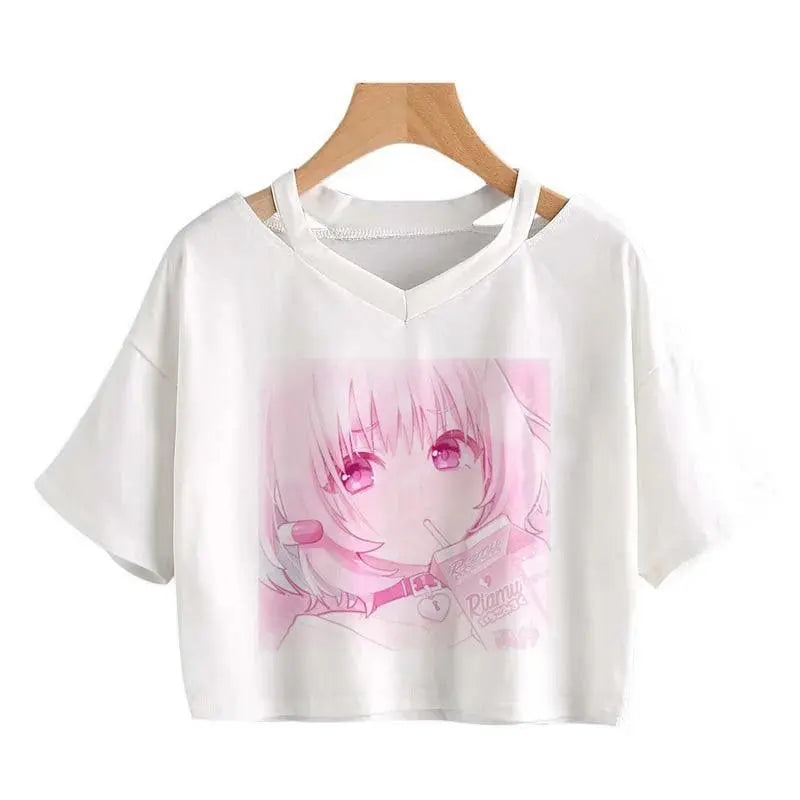 Women Fashion Cute Clothes Kawaii Print Tee Punk Short Sleeve T-Shirt Casual Loose Pink Anime Graphic V-Neck Crop Top Streetwear Bai02 - Tophatter Daily Deals