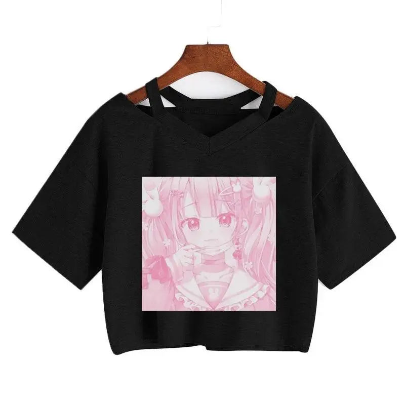 Women Fashion Cute Clothes Kawaii Print Tee Punk Short Sleeve T-Shirt Casual Loose Pink Anime Graphic V-Neck Crop Top Streetwear Hei01 - Tophatter Daily Deals