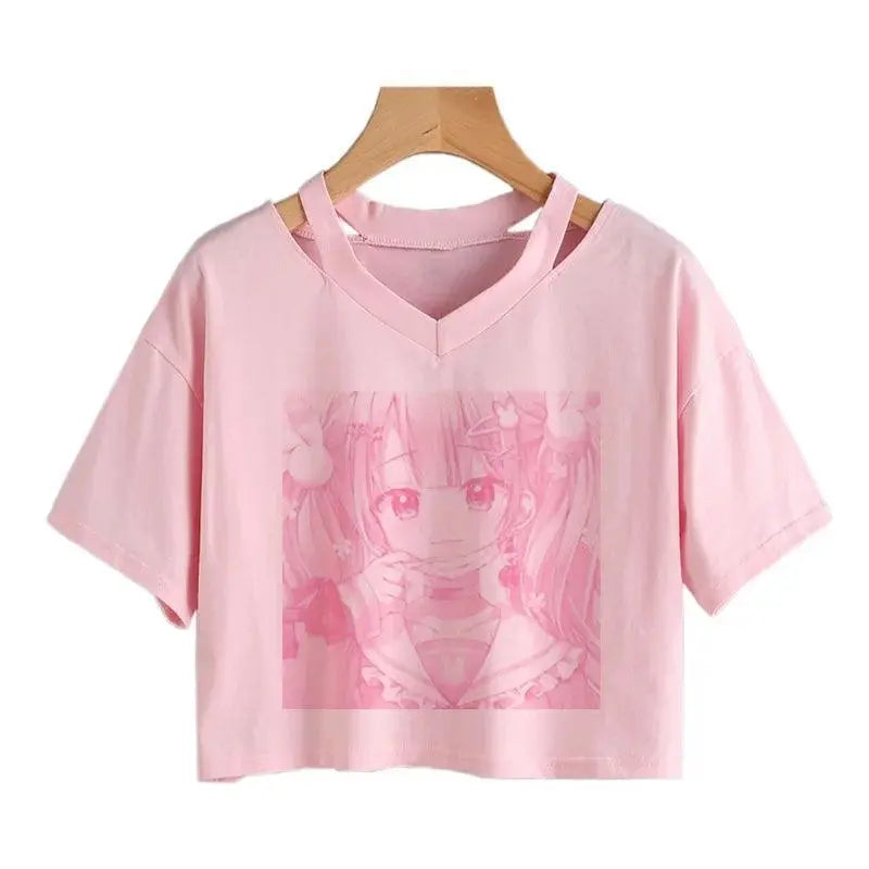 Women Fashion Cute Clothes Kawaii Print Tee Punk Short Sleeve T-Shirt Casual Loose Pink Anime Graphic V-Neck Crop Top Streetwear Fen01 - Tophatter Daily Deals