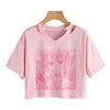 Women Fashion Cute Clothes Kawaii Print Tee Punk Short Sleeve T-Shirt Casual Loose Pink Anime Graphic V-Neck Crop Top Streetwear Fen01 - Tophatter Daily Deals