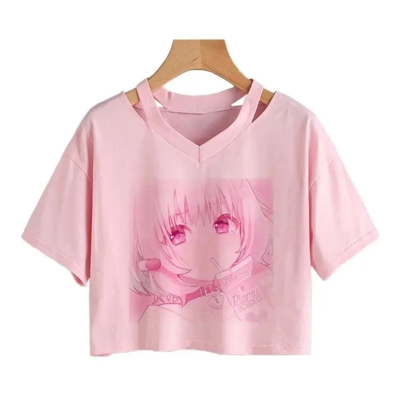 Women Fashion Cute Clothes Kawaii Print Tee Punk Short Sleeve T-Shirt Casual Loose Pink Anime Graphic V-Neck Crop Top Streetwear Fen02 - Tophatter Daily Deals