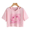 Women Fashion Cute Clothes Kawaii Print Tee Punk Short Sleeve T-Shirt Casual Loose Pink Anime Graphic V-Neck Crop Top Streetwear Fen02 - Tophatter Daily Deals