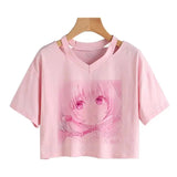 Women Fashion Cute Clothes Kawaii Print Tee Punk Short Sleeve T-Shirt Casual Loose Pink Anime Graphic V-Neck Crop Top Streetwear Fen02 - Tophatter Daily Deals