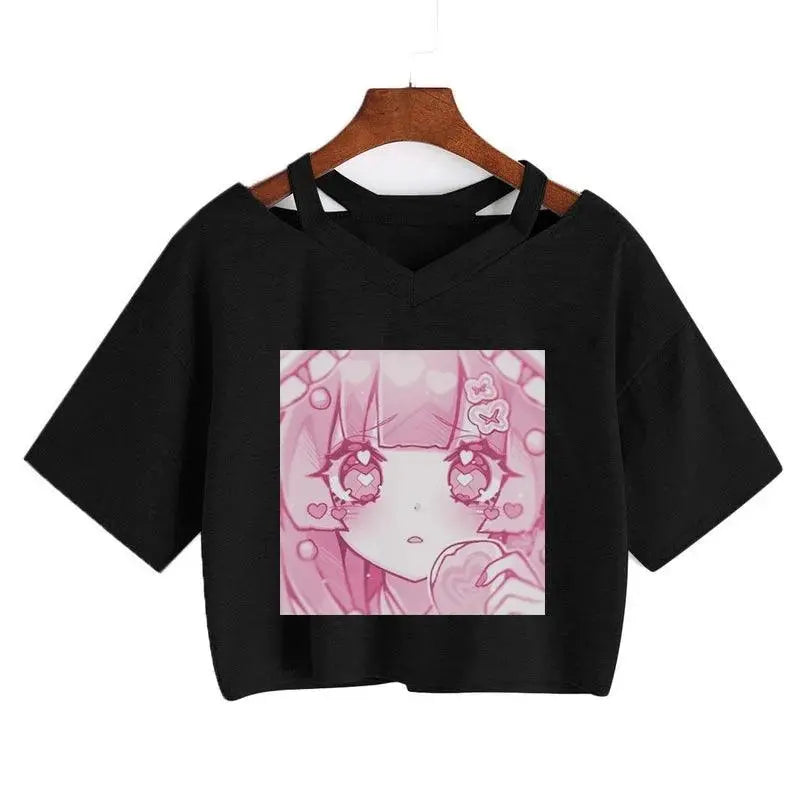Women Fashion Cute Clothes Kawaii Print Tee Punk Short Sleeve T-Shirt Casual Loose Pink Anime Graphic V-Neck Crop Top Streetwear Hei03 - Tophatter Daily Deals