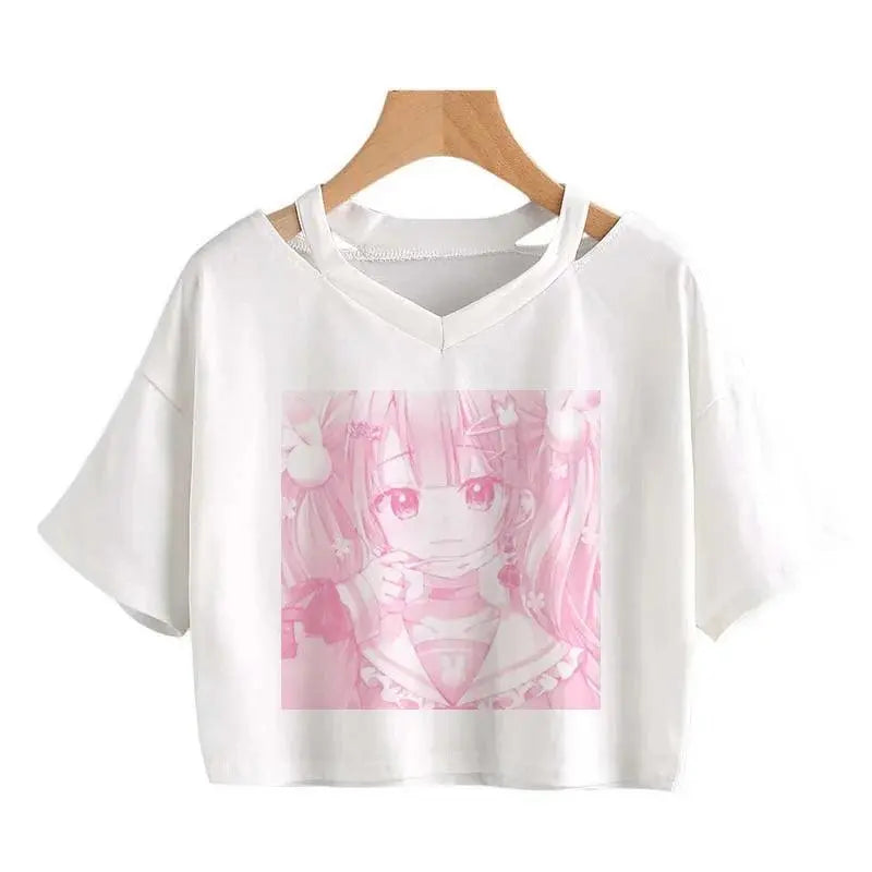 Women Fashion Cute Clothes Kawaii Print Tee Punk Short Sleeve T-Shirt Casual Loose Pink Anime Graphic V-Neck Crop Top Streetwear Bai01 - Tophatter Daily Deals