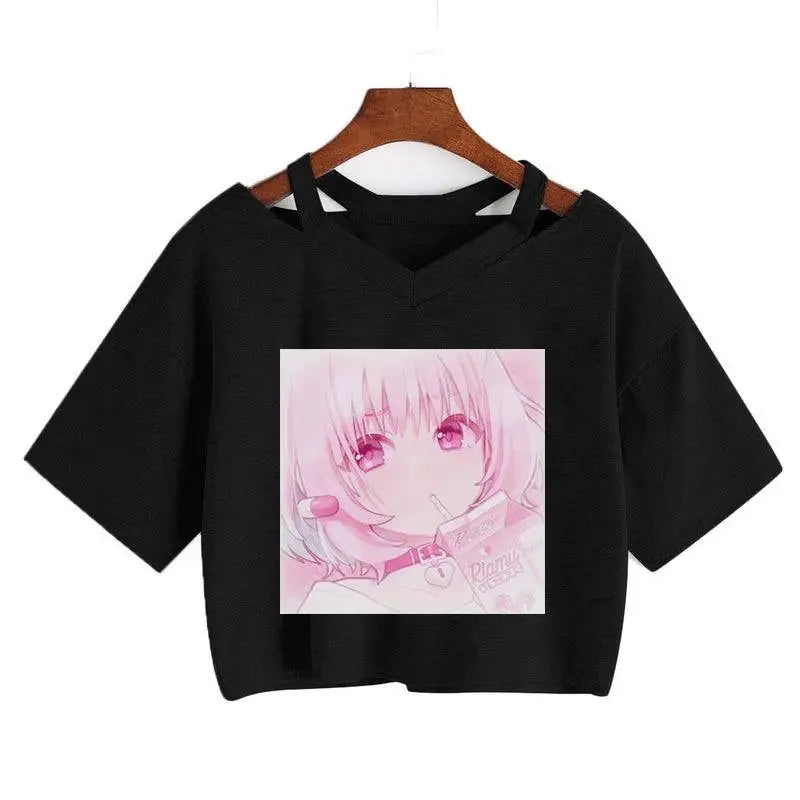 Women Fashion Cute Clothes Kawaii Print Tee Punk Short Sleeve T-Shirt Casual Loose Pink Anime Graphic V-Neck Crop Top Streetwear Hei02 - Tophatter Daily Deals