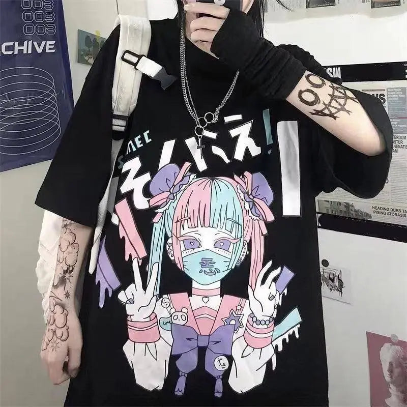 Women Harajuku T-Shirt Summer Cotton Tshirt Graphic Tee Top Pastel Goth Gothic Print Clothing Anime Emo Alt Clothes for Girl Black clothing - Tophatter Daily Deals