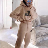 Women Hooded Sweatshirt Drawstring Short Top+Sports Pants 2-Piece Set 2025 New Autumn Winter Fashion Casual Gym Tracksuit Outfit Khaki - Tophatter Daily Deals