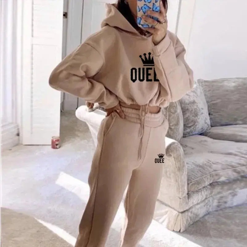 Women Hooded Sweatshirt Drawstring Short Top+Sports Pants 2-Piece Set 2025 New Autumn Winter Fashion Casual Gym Tracksuit Outfit Khaki - Tophatter Daily Deals