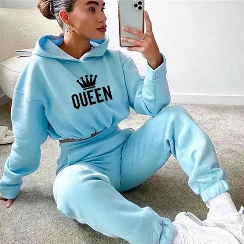 Women Hooded Sweatshirt Drawstring Short Top+Sports Pants 2-Piece Set 2025 New Autumn Winter Fashion Casual Gym Tracksuit Outfit Blue - Tophatter Daily Deals