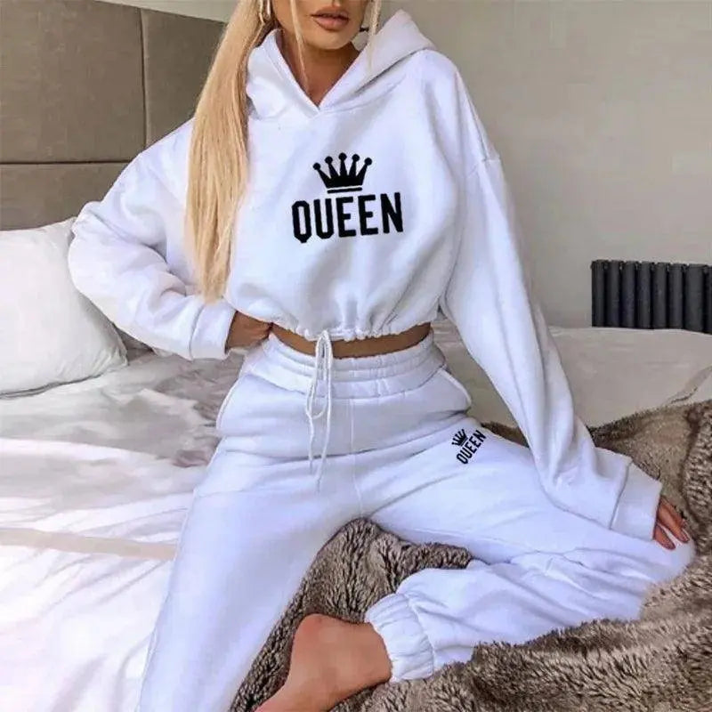 Women Hooded Sweatshirt Drawstring Short Top+Sports Pants 2-Piece Set 2025 New Autumn Winter Fashion Casual Gym Tracksuit Outfit White - Tophatter Daily Deals