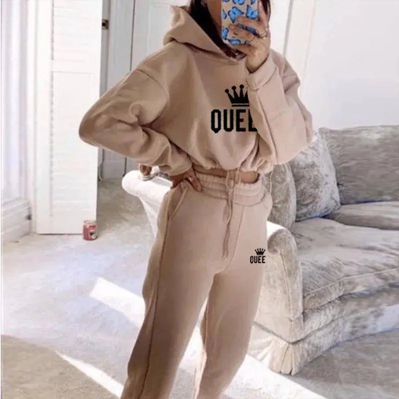 Women Hooded Sweatshirt Drawstring Short Top+Sports Pants 2-Piece Set 2025 New Autumn Winter Fashion Casual Gym Tracksuit Outfit - Tophatter Daily Deals