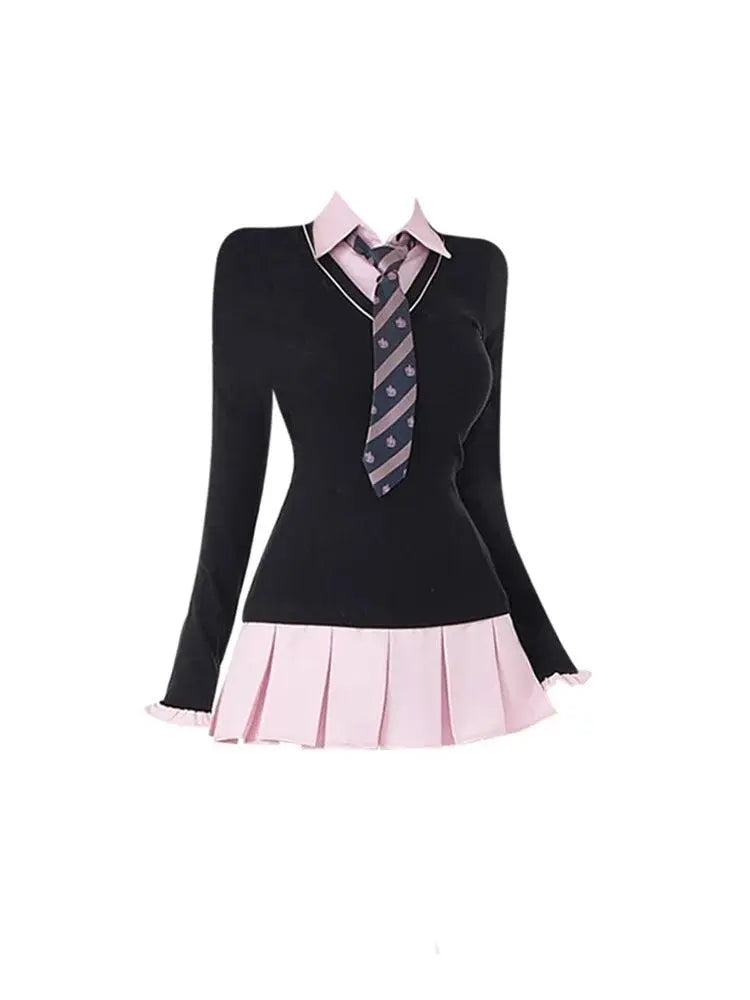 Women Kpop Mini Black Pink Preppy Style Long Sleeve Shirts Dress With Tie Gyaru 2000s Aesthetic Japanese Y2k Girl One-Piece New Black - Tophatter Daily Deals