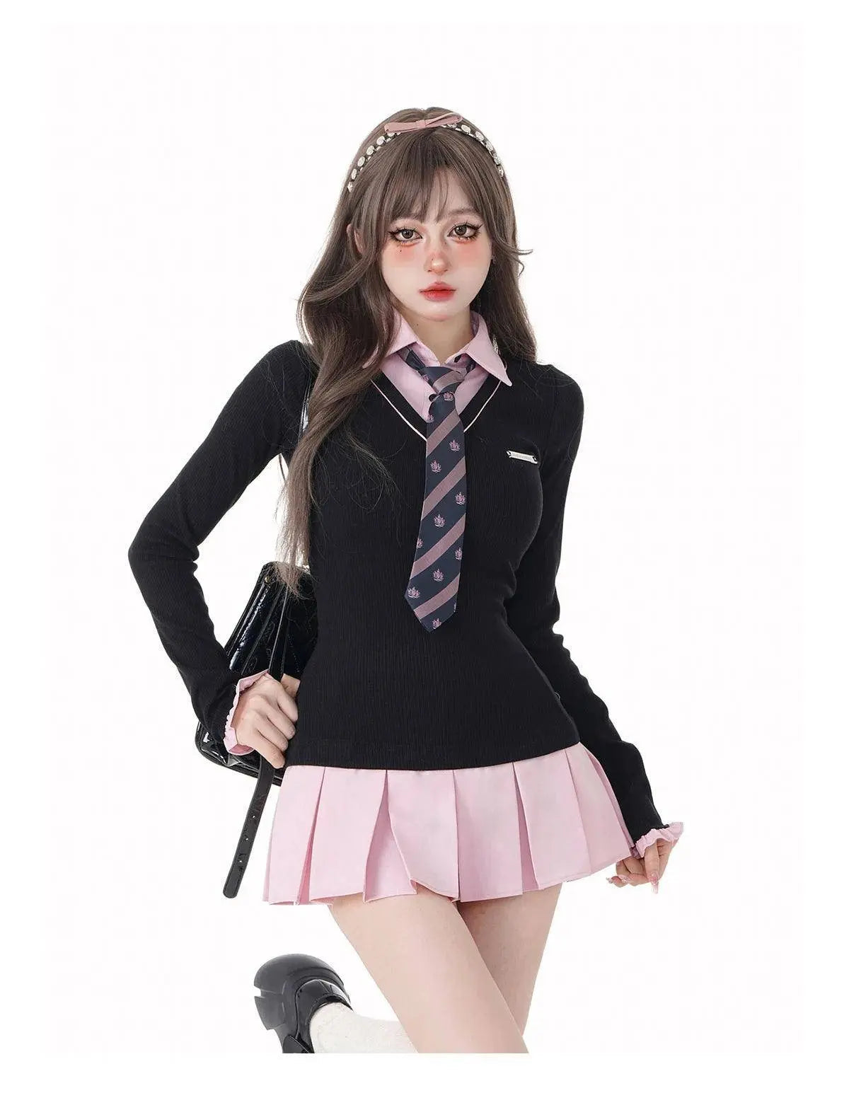 Women Kpop Mini Black Pink Preppy Style Long Sleeve Shirts Dress With Tie Gyaru 2000s Aesthetic Japanese Y2k Girl One-Piece New - Tophatter Daily Deals