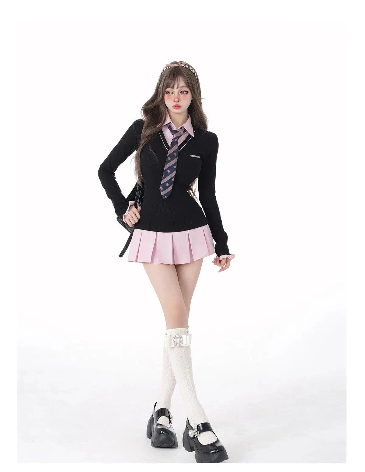 Women Kpop Mini Black Pink Preppy Style Long Sleeve Shirts Dress With Tie Gyaru 2000s Aesthetic Japanese Y2k Girl One-Piece New - Tophatter Daily Deals
