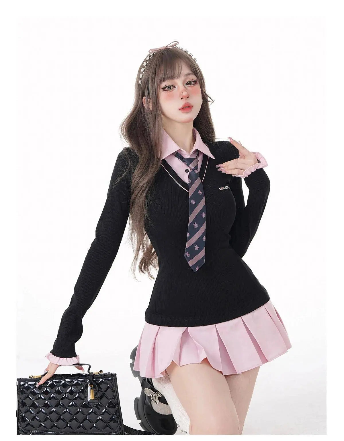 Women Kpop Mini Black Pink Preppy Style Long Sleeve Shirts Dress With Tie Gyaru 2000s Aesthetic Japanese Y2k Girl One-Piece New - Tophatter Daily Deals