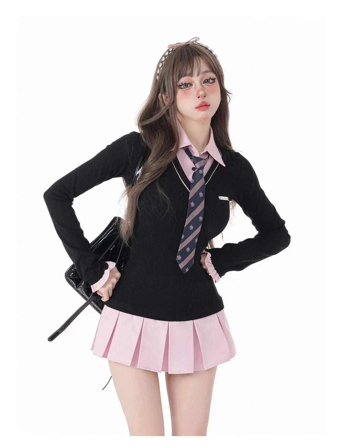 Women Kpop Mini Black Pink Preppy Style Long Sleeve Shirts Dress With Tie Gyaru 2000s Aesthetic Japanese Y2k Girl One-Piece New - Tophatter Daily Deals
