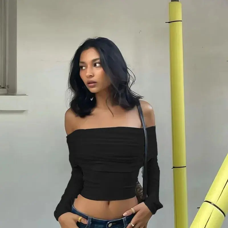 Women Off Shoulder Long Sleeve Slim Tops and Blouses Mesh Ruched Crop Tops Summer Autumn Y2K Sexy Elegant Shirts Female - Tophatter Daily Deals