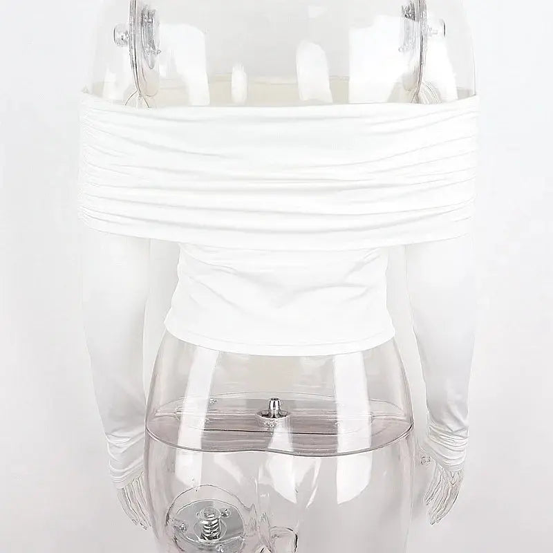 Women Off Shoulder Long Sleeve Slim Tops and Blouses Mesh Ruched Crop Tops Summer Autumn Y2K Sexy Elegant Shirts Female - Tophatter Daily Deals