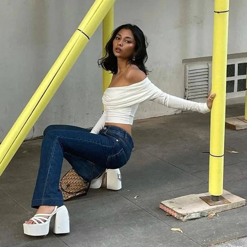 Women Off Shoulder Long Sleeve Slim Tops and Blouses Mesh Ruched Crop Tops Summer Autumn Y2K Sexy Elegant Shirts Female - Tophatter Daily Deals