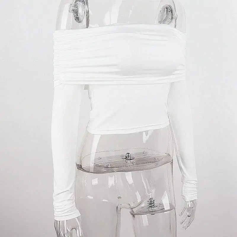 Women Off Shoulder Long Sleeve Slim Tops and Blouses Mesh Ruched Crop Tops Summer Autumn Y2K Sexy Elegant Shirts Female - Tophatter Daily Deals