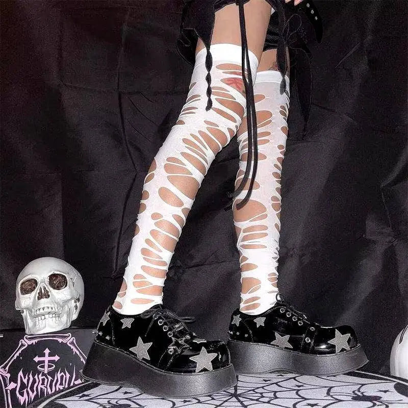 Women Sexy Perforated Stocking Gothic Black Punk Half White One Size - Tophatter Daily Deals