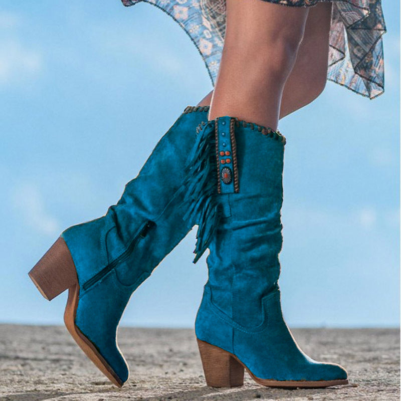Supportive Women's Knee-High Boots - Western Fringe, Suede Turquoise - Tophatter Daily Deals