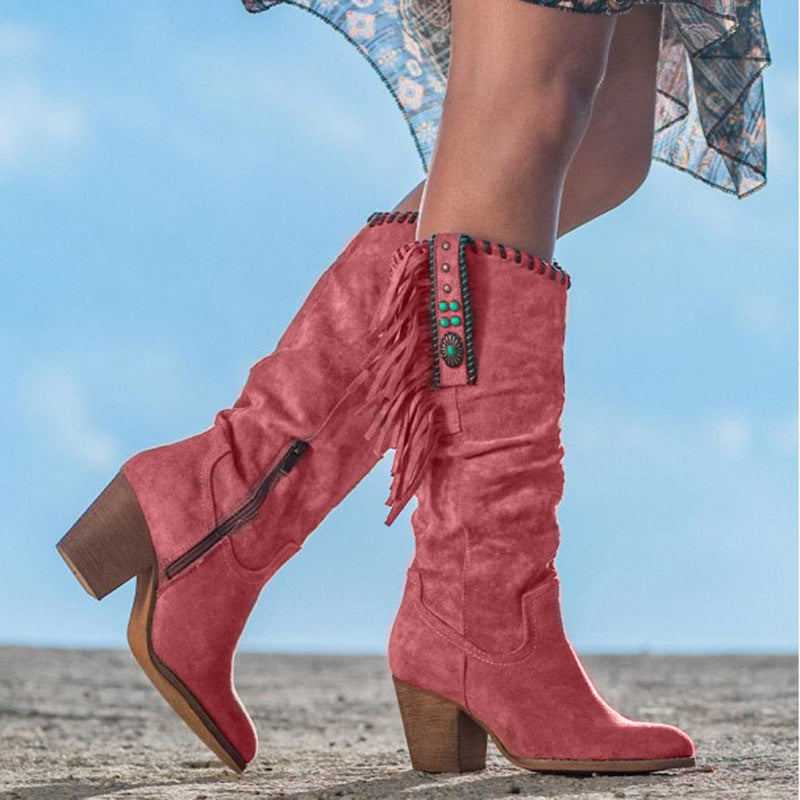 Supportive Women's Knee-High Boots - Western Fringe, Suede Red - Tophatter Daily Deals