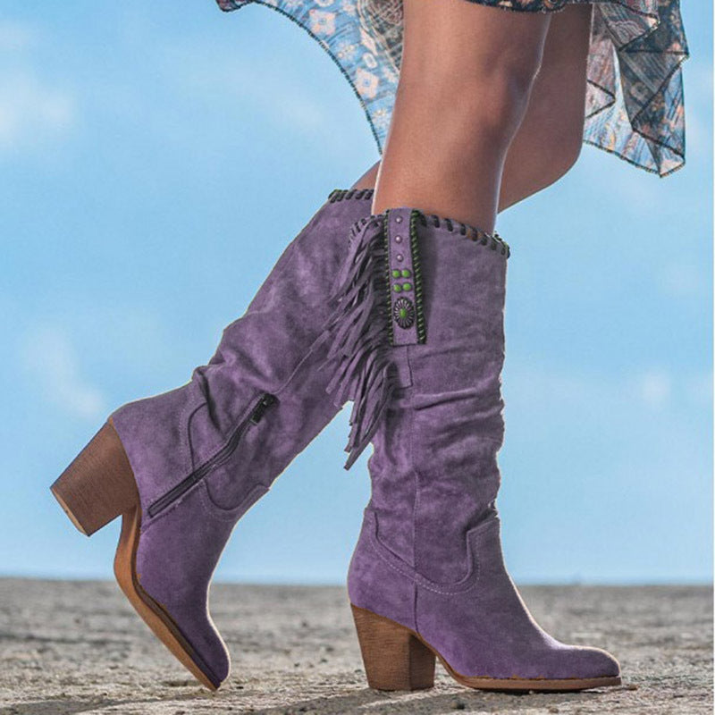 Supportive Women's Knee-High Boots - Western Fringe, Suede Purple - Tophatter Daily Deals