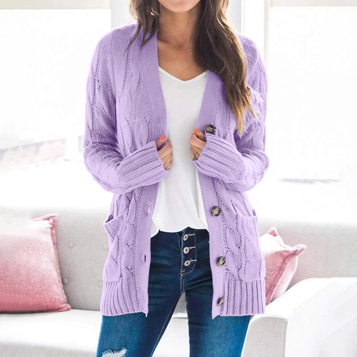 Soft Women’s Knit Button Cardigan - Hip Length Acrylic Purple - Tophatter Daily Deals