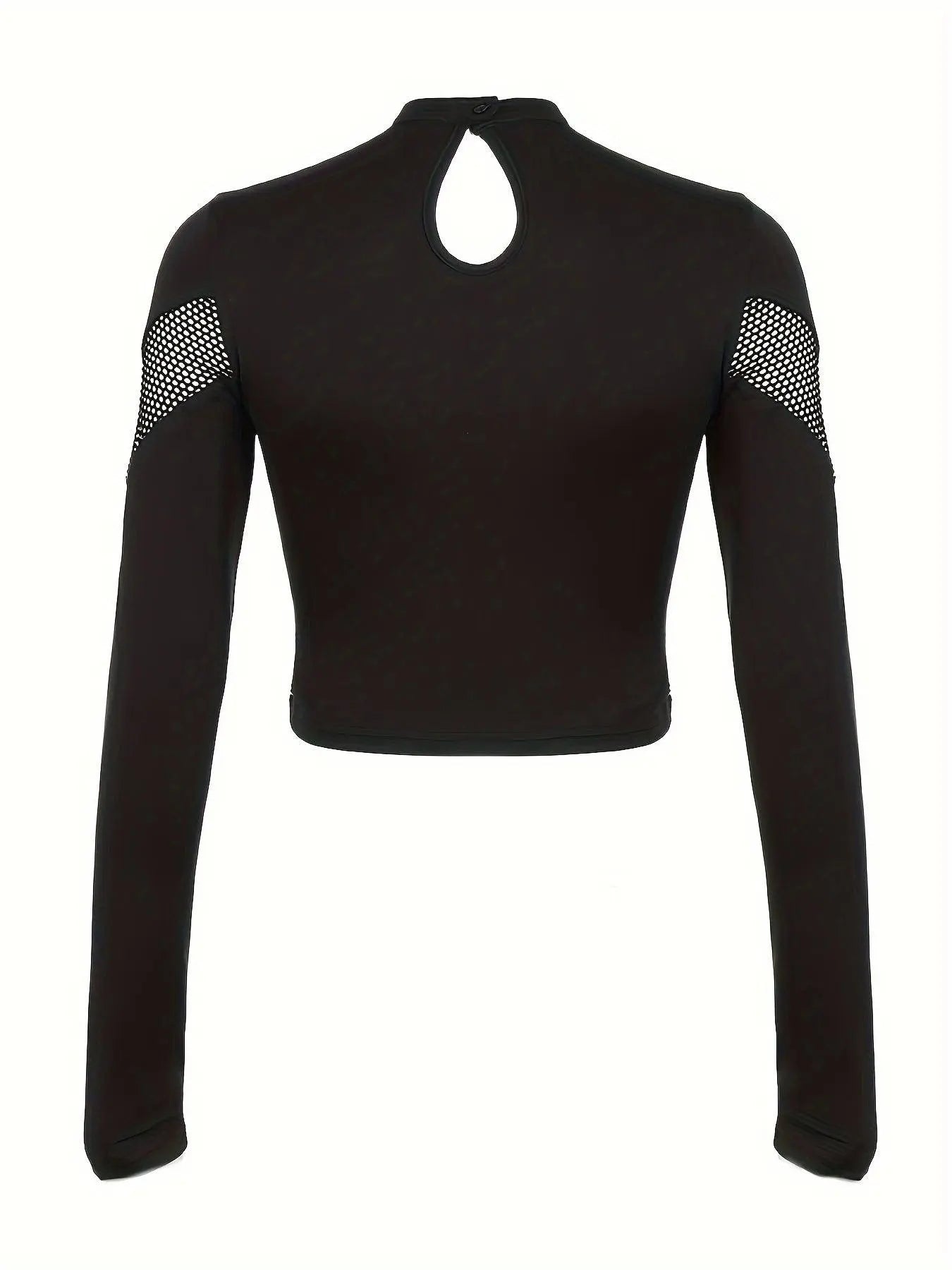 Women's Gothic Streetwear Hollow-Out Fishnet Design Long-Sleeve T-Shirt, Slim Fit Solid Color Crop Top, Athletic Style - Tophatter Daily Deals