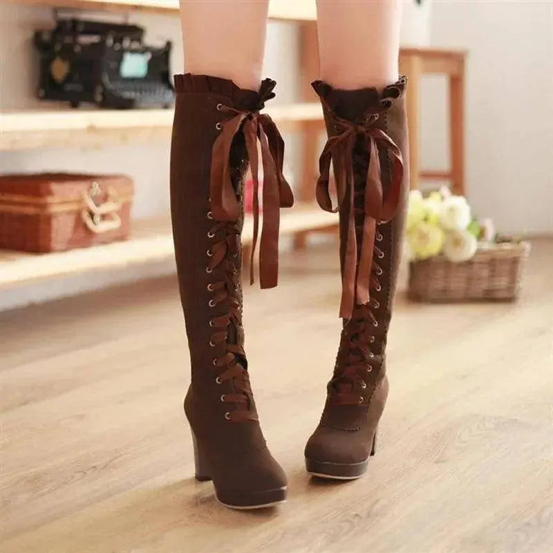 Women's High Boots 2025 Autumn Winter Sexy Lace Up Knee-high Boot Female Shoes Boots Women High Heels Leather Woman Boot - Tophatter Daily Deals