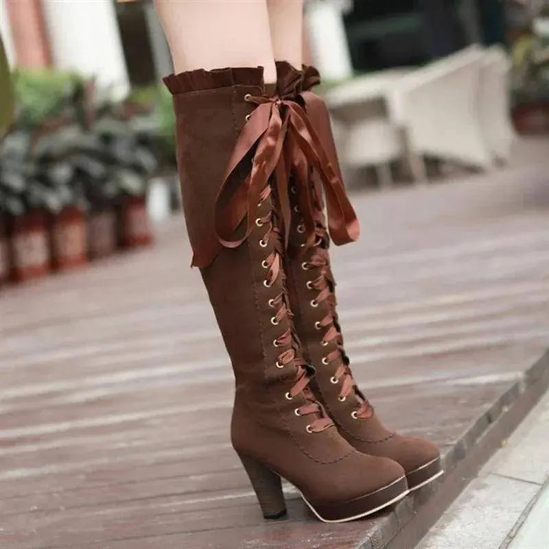 Women's High Boots 2025 Autumn Winter Sexy Lace Up Knee-high Boot Female Shoes Boots Women High Heels Leather Woman Boot - Tophatter Daily Deals
