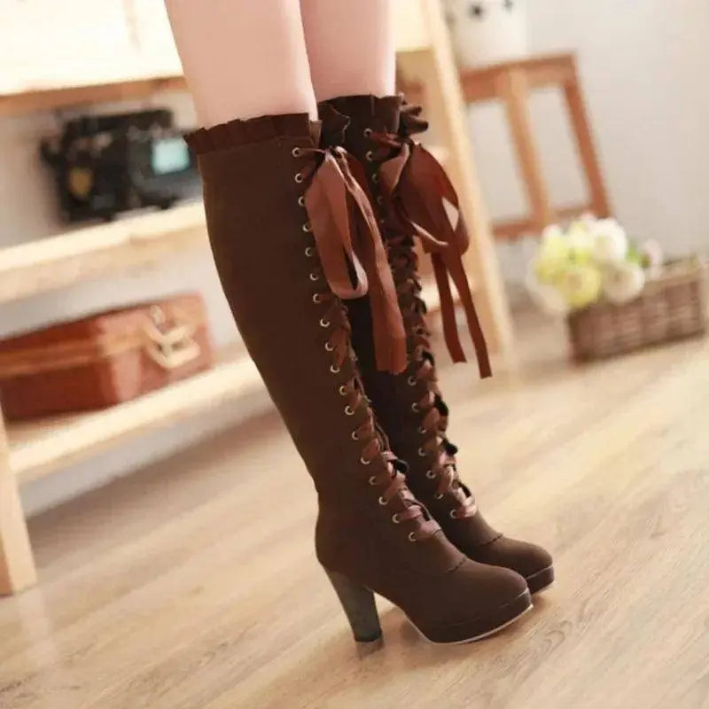 Women's High Boots 2025 Autumn Winter Sexy Lace Up Knee-high Boot Female Shoes Boots Women High Heels Leather Woman Boot Brown - Tophatter Daily Deals
