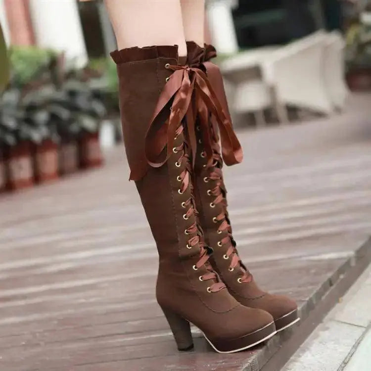 Women's High Boots 2025 Autumn Winter Sexy Lace Up Knee-high Boot Female Shoes Boots Women High Heels Leather Woman Boot - Tophatter Daily Deals