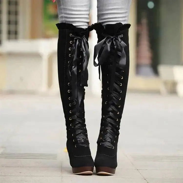 Women's High Boots 2025 Autumn Winter Sexy Lace Up Knee-high Boot Female Shoes Boots Women High Heels Leather Woman Boot - Tophatter Daily Deals