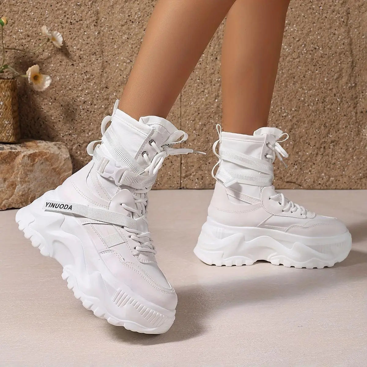 Women's High-Top Sneakers - Fashionable Lace-Up Platform Boots with Thick Sole, Versatile All-Season Footwear White - Tophatter Daily Deals