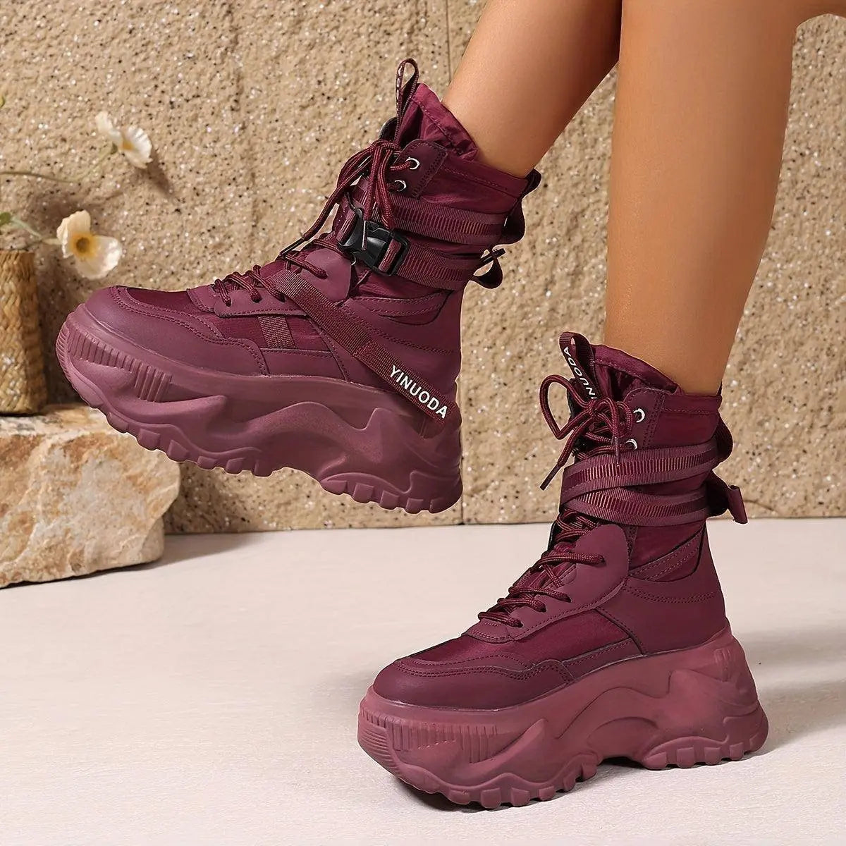 Women's High-Top Sneakers - Fashionable Lace-Up Platform Boots with Thick Sole, Versatile All-Season Footwear - Tophatter Daily Deals