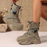Women's High-Top Sneakers - Fashionable Lace-Up Platform Boots with Thick Sole, Versatile All-Season Footwear Khaki - Tophatter Daily Deals